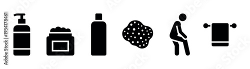 Daily personal care products and bathing accessories icons set for modern bathroom hygiene routines.