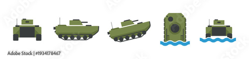 Military armored vehicles in various perspectives and states, including land and amphibious operations, are depicted in a flat design style.