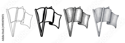 Four different stylized flags waving on poles illustration set with various artistic techniques including line art, bold outline, engraving, and stipple.