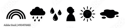 Weather icons and symbols representing various meteorological conditions and human interaction with natural elements.