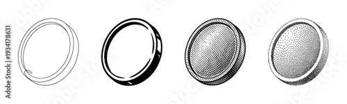 Four distinct artistic styles of round elements showcasing various illustration and rendering techniques in black and white.