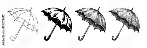 Four different artistic styles of umbrellas are depicted in black and white illustrations, showcasing various drawing techniques from line art to stippling.