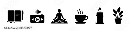 Mindfulness and self-care icons for daily well-being activities, including meditation, journaling, and relaxation.