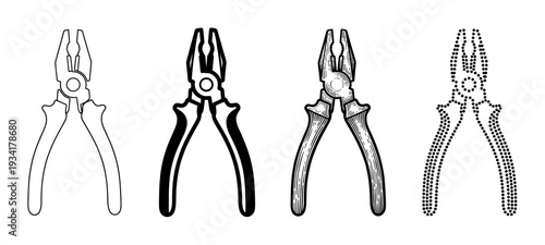 Pliers hand tool vector illustration set showcasing various artistic design styles for construction and repair.