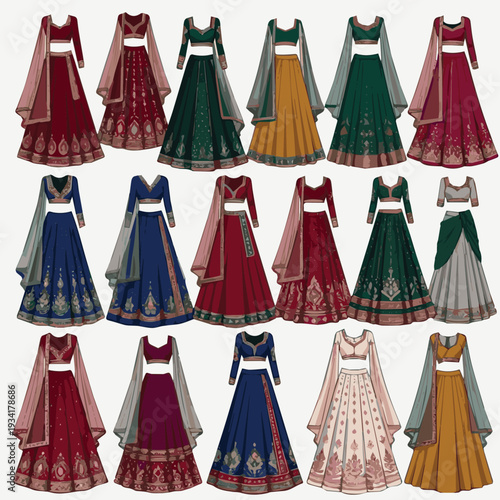 Generate a kinds of different women modern lehenga vector art with white background