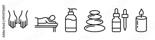 Spa and wellness icons representing relaxation and therapy with elements like massage, essential oils, and hot stones.