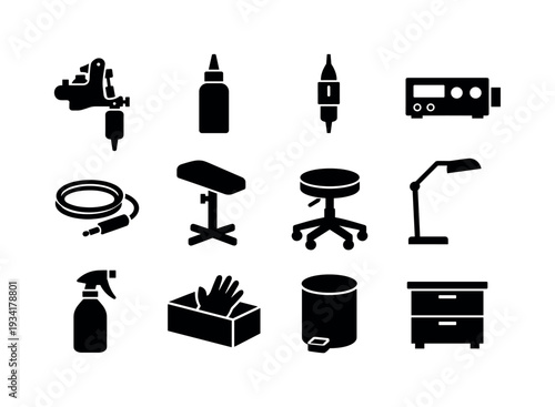 Collection of black icons representing tattoo studio equipment and supplies