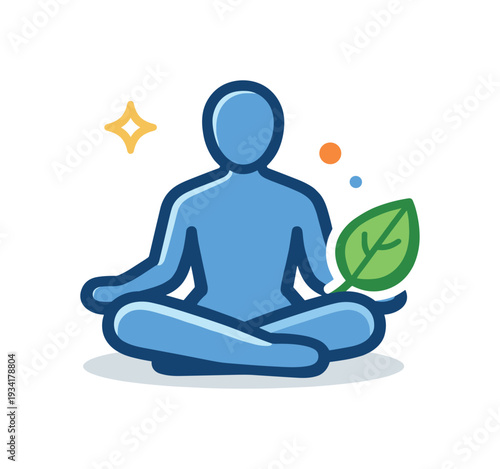 Blue figure meditating in lotus pose with a green leaf and sparkling elements