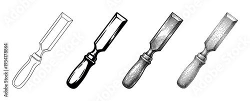 Woodworking chisel hand tool vector illustration set depicting various artistic engraving styles for craftsmanship.