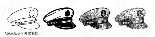 Four different captain's hats in various black and white vintage illustration styles, perfect for maritime and nautical themes.