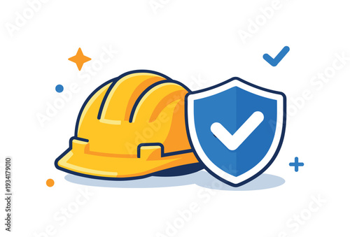 Yellow hard hat and blue shield with checkmark symbolizing safety and protection
