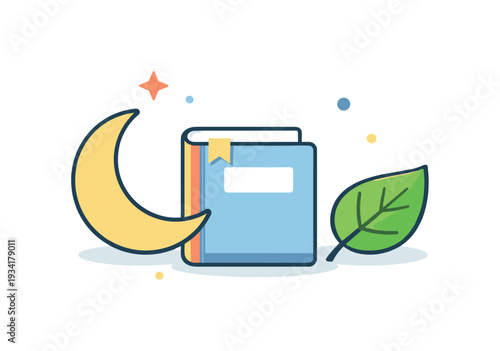 Stylized book with moon and leaf icons, representing knowledge and nature
