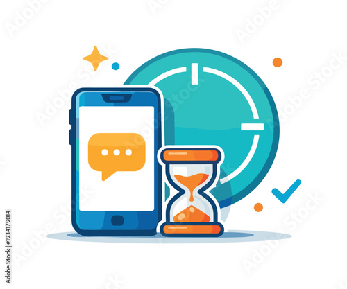 Mobile messaging and time management concept with smartphone, hourglass, and clock