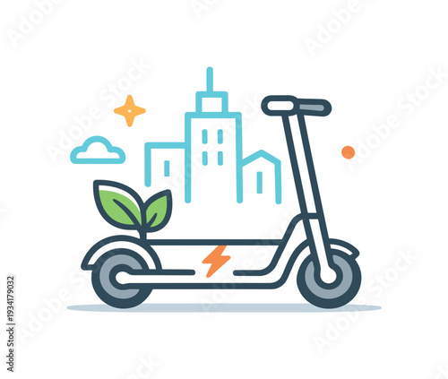 Eco-friendly electric scooter in a modern city with a plant sprout and lightning bolt symbol