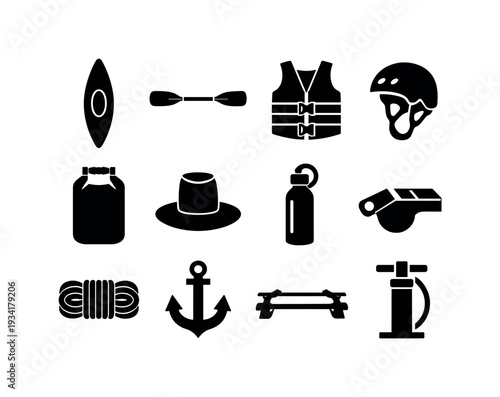Collection of black icons representing outdoor adventure and water sports equipment on a white background