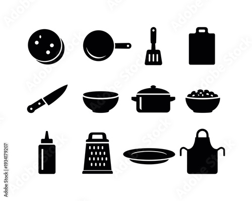 Collection of black kitchen utensil icons on a white background for cooking and food preparation