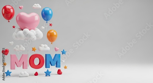 A colorful 3d illustration celebrating mother's day with balloons and decorations