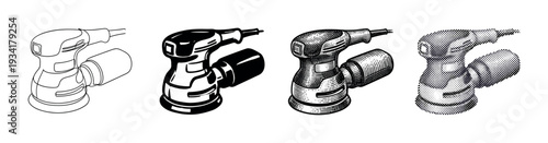 Orbital sander power tool illustrations in multiple artistic styles suitable for carpentry, DIY, and workshop designs.