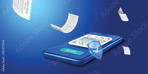 Bill of expenses is on mobile phone.Pay bills with mobile phone.Online shopping spending.Online shopping via smartphone.Bill payment flat isometric vector concept of mobile payment, shopping, banking.