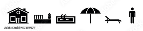 Collection of home and leisure icons presented as minimalist black silhouettes for various design applications.