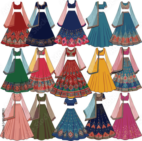 Generate a kinds of different women modern lehenga vector art with white background