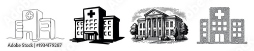 Collection of diverse hospital building illustrations featuring different artistic styles suitable for healthcare design projects.
