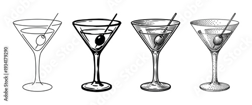 Stylized martini glasses with olives on skewers showcase diverse black and white drawing and engraving techniques.