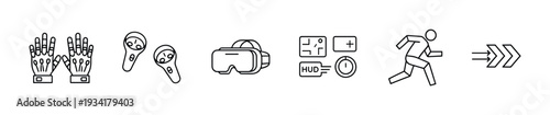Virtual reality gaming equipment and interface elements icons represent immersive digital experiences and interactive technology.