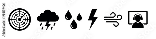 Weather forecast icons representing radar, storm, rain, lightning, and wind for meteorology reporting.