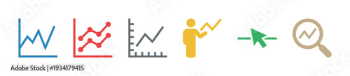 Business data analysis icons illustrating financial growth and success through various statistical charts and market trend indicators.