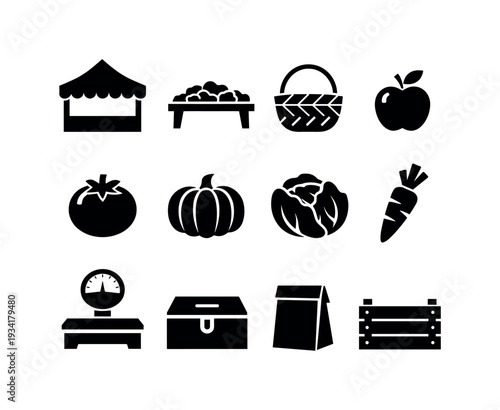 Collection of farm market icons representing fresh produce and shopping essentials