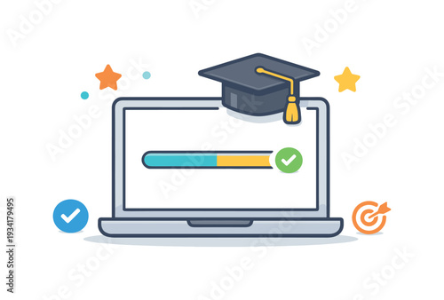 Laptop with graduation cap and progress bar symbolizing online education success