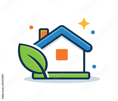 Eco-friendly house icon with green leaf and sparkling clean effect