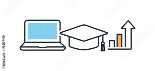 Online education growth and success with laptop, graduation cap, and upward trending graph