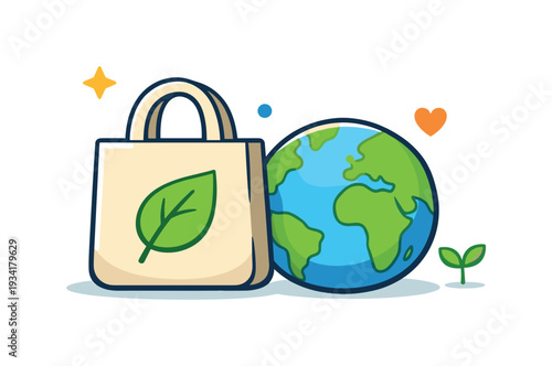 Eco-friendly shopping bag and planet Earth with a sprout and heart symbol