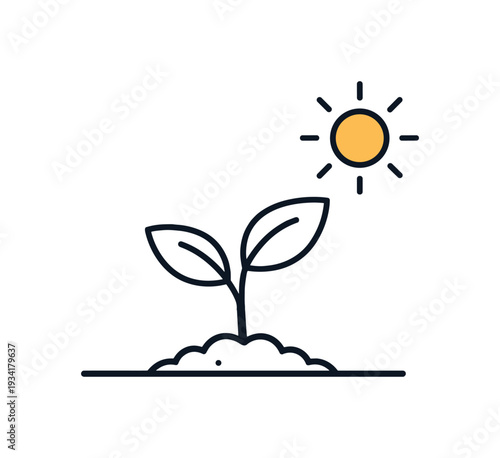 Simple icon of a seedling growing in soil under the sun, symbolizing growth and new beginnings