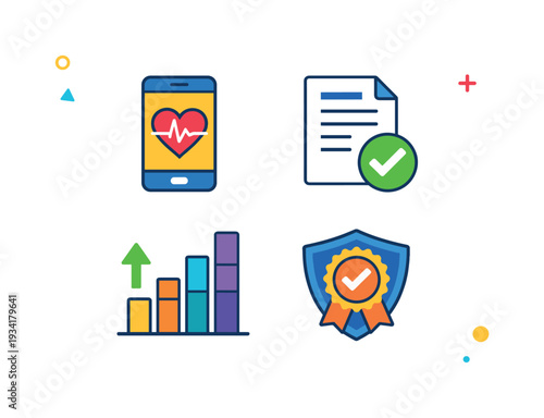 Set of four flat icons representing health, approval, growth, and quality assurance