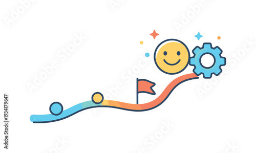 Happy face and gear on a winding path towards success and achievement