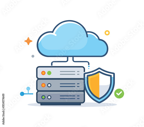 Cloud server security and data protection concept with shield and checkmark