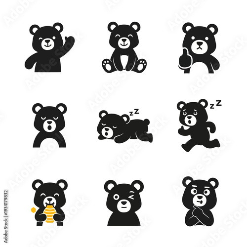 Cute bear mascot logo collection in minimal flat vector style, black solid silhouette, modern children brand identity design.