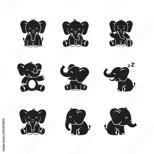 Elephant mascot logo collection in bold minimal flat vector style, black silhouette for modern children and education branding.