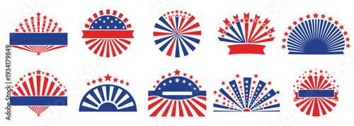 USA Patriotic Emblems Set - Stars, Stripes & Rays, Red White Blue Design Elements, Vector Illustration