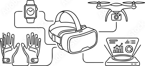 Outline illustration of a virtual reality and wearable tech ecosystem with VR headset, haptic gloves, drone, and smartwatch