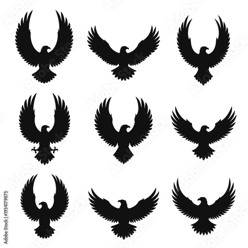Geometric eagle logo artwork, black silhouette vector on white, simple and contemporary style.