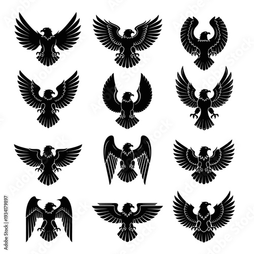 Professional eagle emblem design, bold black silhouette isolated on white, flat vector format.