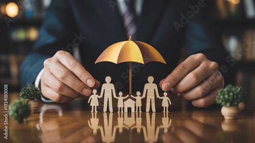 Family financial protection insurance concept with umbrella and paper cutout people on wooden desk
