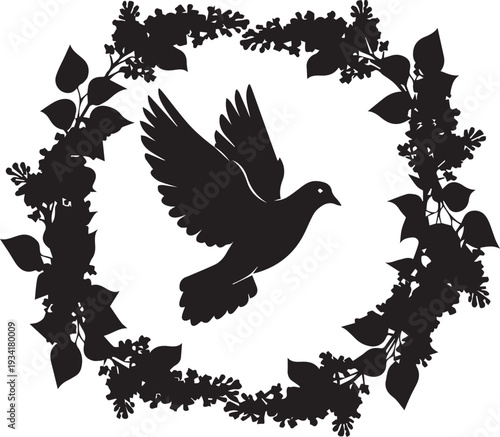 Dove in flower wreath vector silhouette illustration, line art, peace symbol