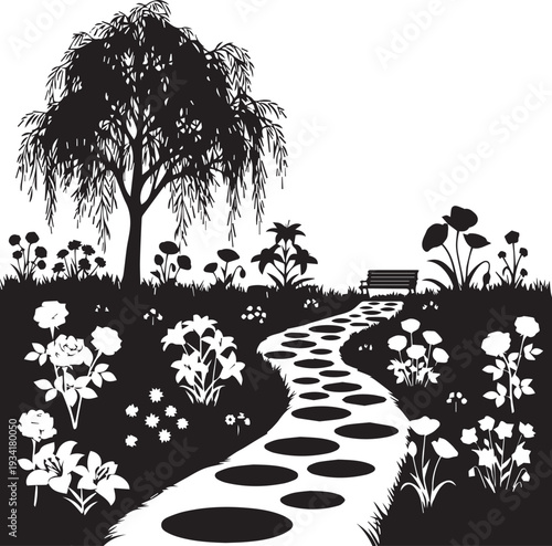 Garden path with tree and flowers landscape silhouette vector illustration line art