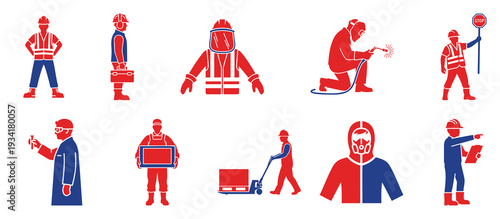 Industrial Safety Workers Icons: Construction, Hazard, and Logistics Flat Design Vector Illustration