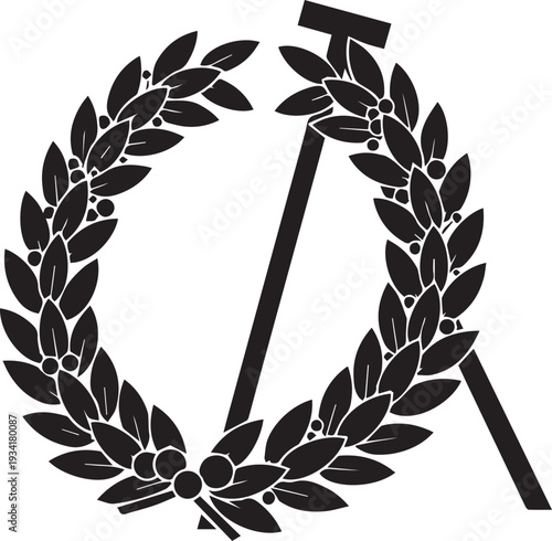 Laurel wreath and hammer tool silhouette vector illustration line art emblem